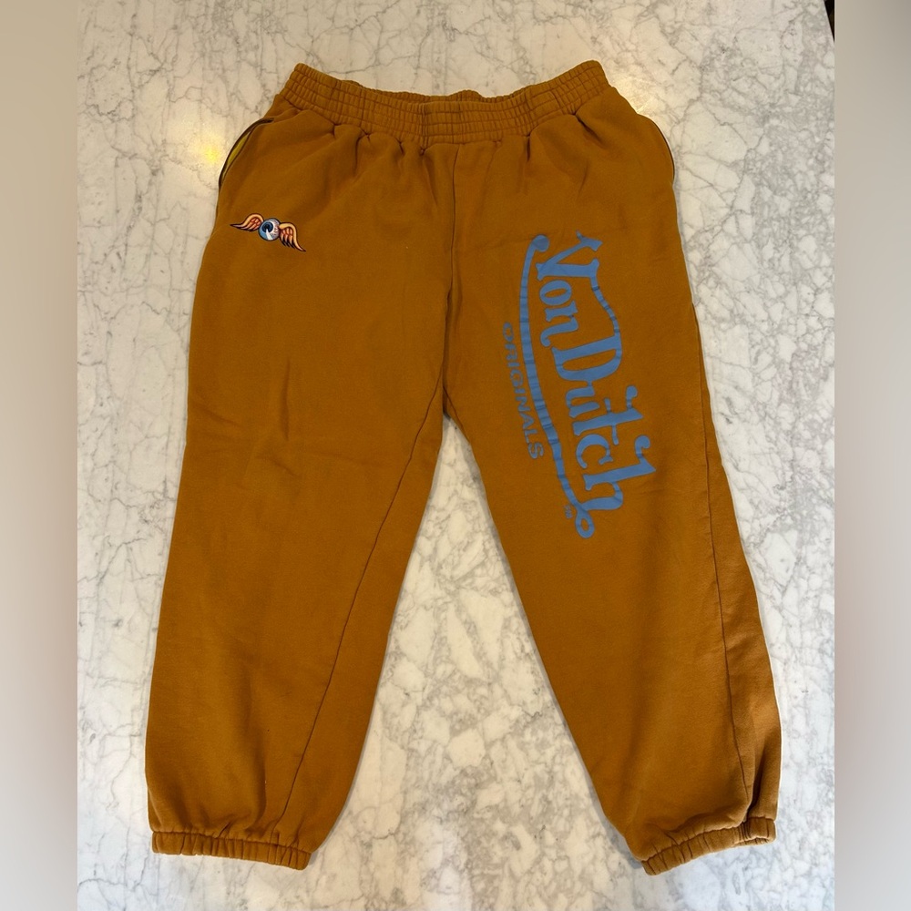 Von Dutch Mens Mustard Joggers with Blue Logo
